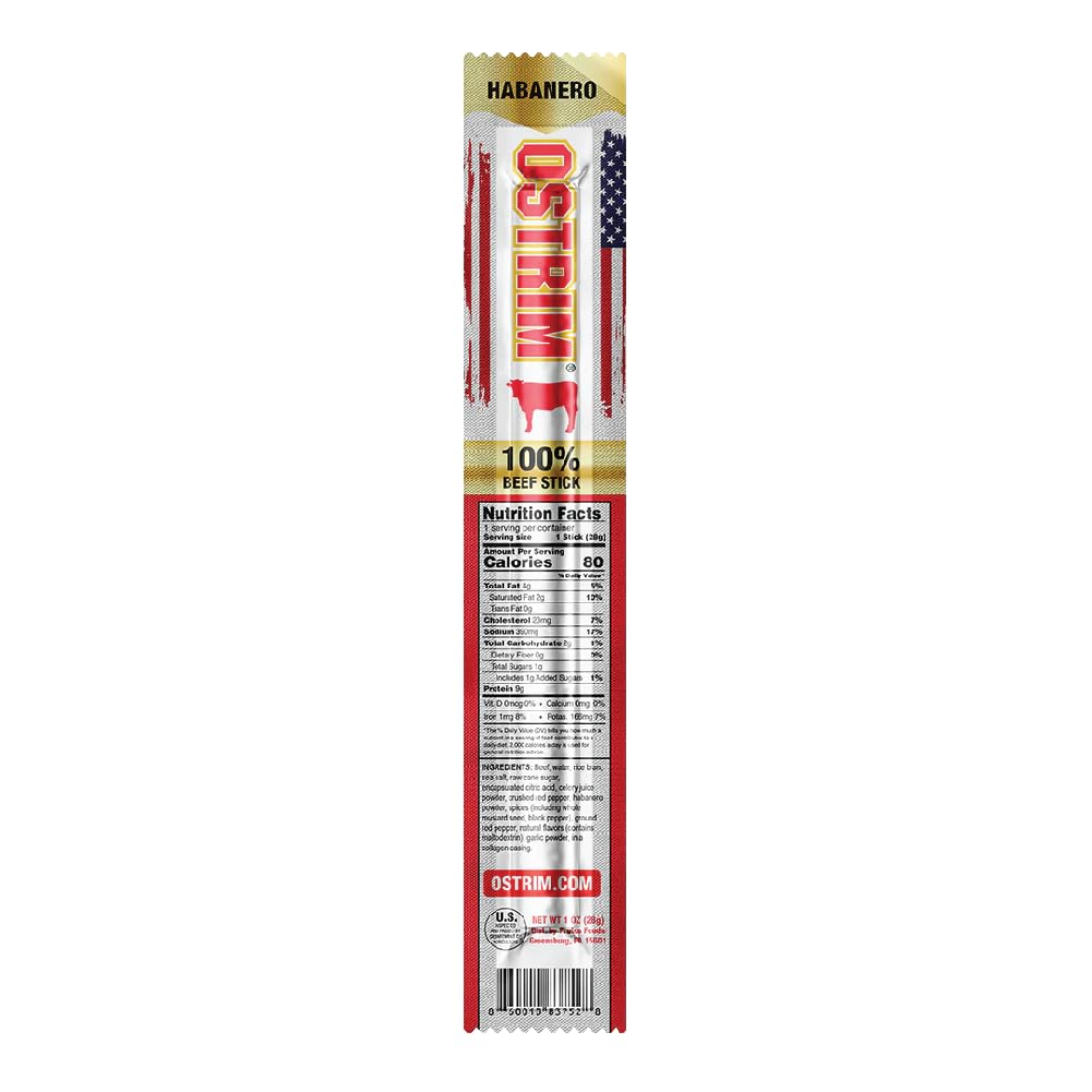 Ostrim Beef Snack Sticks, 1oz, High Protein, Keto & Paleo Friendly, Sugar Free, Gluten Free, No MSG, No Nitrates (Pack of 12) (1 oz, Habanero)