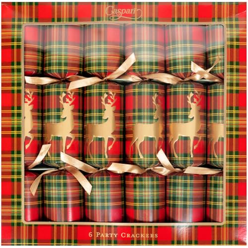 Caspari Reindeer Tartan Celebration Party Favors - Includes 6 Luxury Paper Favors with Surprise Trinkets, Crowns & Jokes