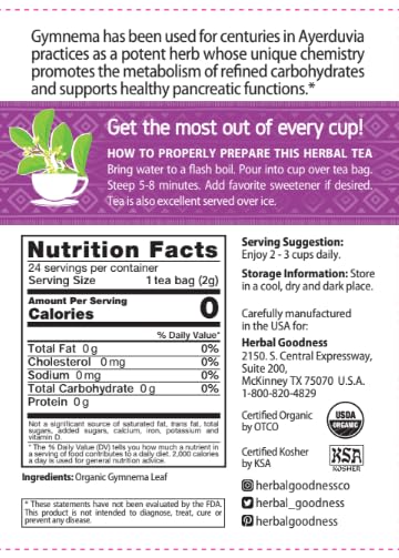 Gymnema Leaf Tea | 100% Organic Herbal Tea for Healthy Metabolism | Natural Sweet Cravings Support | Caffeine-Free, Keto-Friendly, Vegan, Gluten