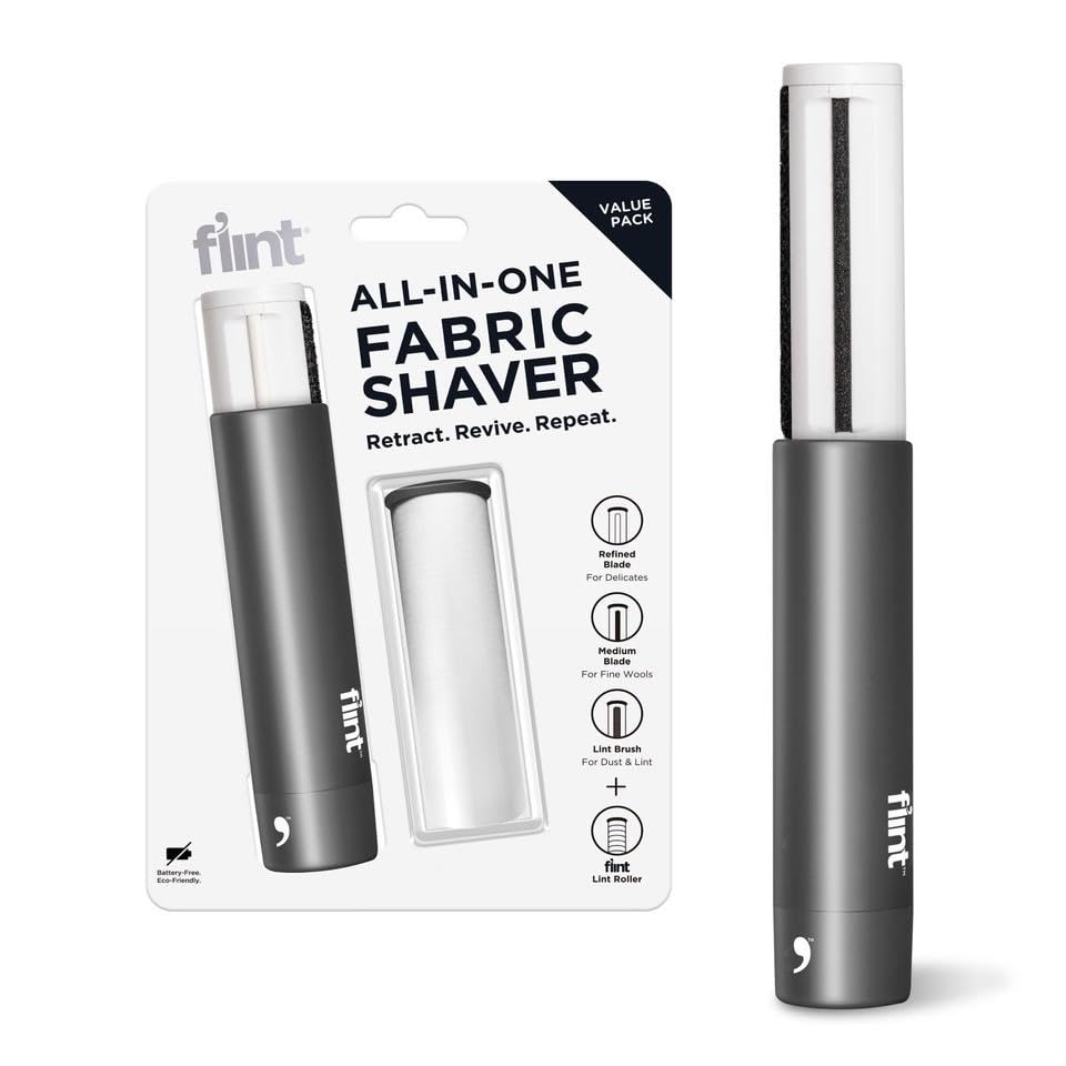 Flint All-in-One Fabric Shaver, Compact, Retractable & Travel-Friendly Fuzz Remover with 2 Fabric-Safe Care Surfaces, Lint Brush & Lint Roller