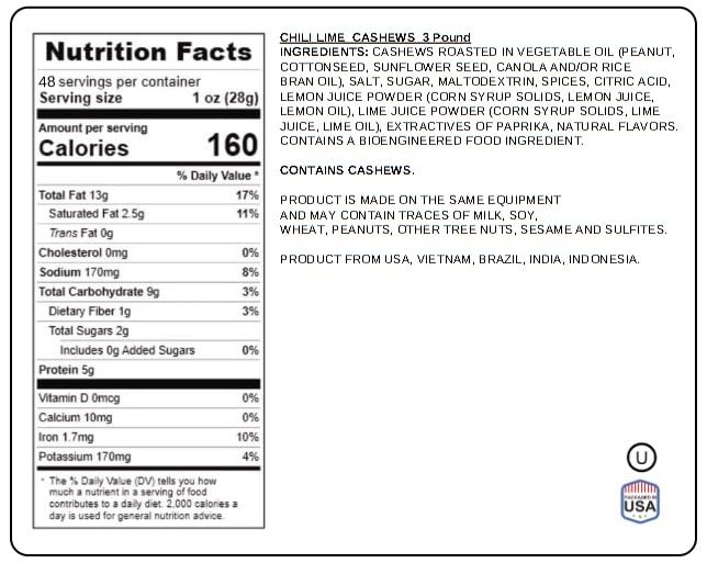 Chili Lime Cashews 3 Pounds - Spicy & Tangy Flavored Cashew | Resealable Bag | Gourmet Roasted Nuts | Perfect Snack for On-the-Go, Parties