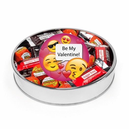 Valentine's Day Candy Gift Tin Large Silver Plastic Tin with Sugar Free Chocolate Mix - Emoji