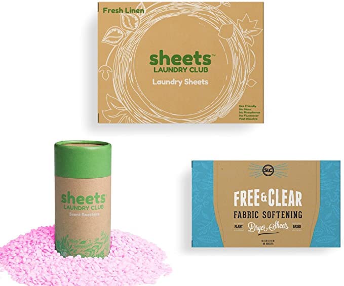 Sheets Laundry Club Bundle - 50 Pack (up to 100 loads) Fresh Linen Detergent Sheets, 40 Pack Vitality Dryer Sheets & 8 Oz. Sea Breeze Scent Booster
