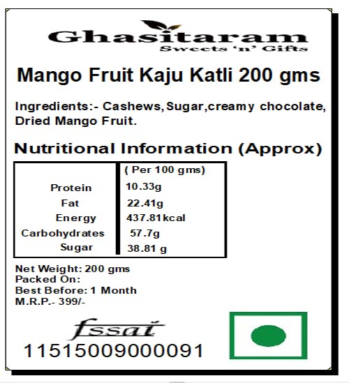 Ghasitaram Gifts Sweets Mango Fruit Kaju Katli, 200g
