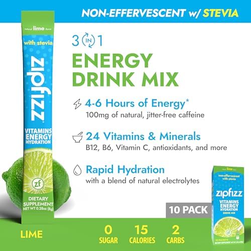 Zipfizz Stevia Energy Drink Powder, Lime, 10 Pack - 3-in-1 Sustained Energy, Rapid Hydration & Essential Vitamins - Sugar-Free, Non-Effervescent