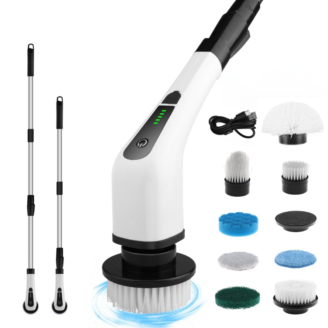 Electric Spin Scrubber, Cordless Cleaning Brush with 8 Replaceable Heads, Adjustable Handle, Dual Speed Power Scrubber for Bathroom, Bathtub, Floor