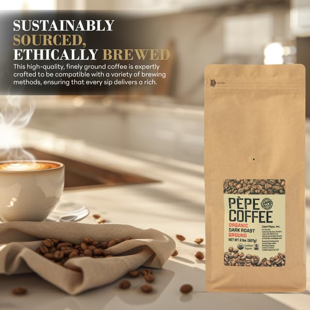 Pepe Coffee Organic Dark Roast Ground Coffee 2 lb 1-pack by Chef Pepe