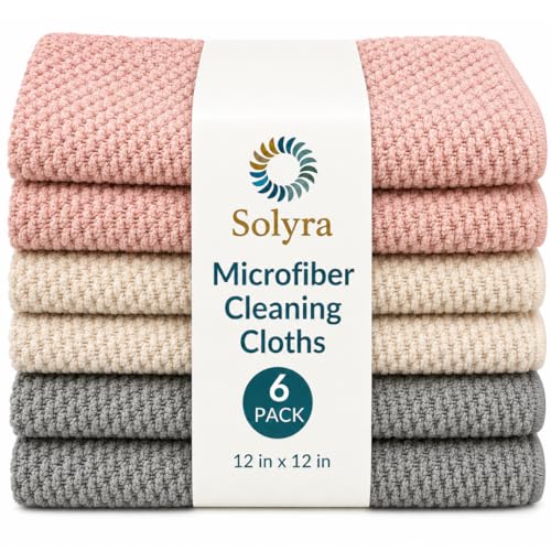 Solyra Oeko-Tex Certified Microfiber Cleaning Cloths - Non-Toxic, Safe for Family & Pets - 6 Pack Kitchen Rags for Counter - 12x12 in, Lint-Free