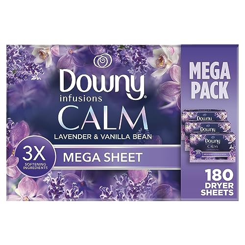 Downy Calm Mega Dryer Sheets, Large Fabric Softener Sheets for Laundry , Static Guard & Softness Boost, Laundry Dryer and Fabric Sheets, 180 Count