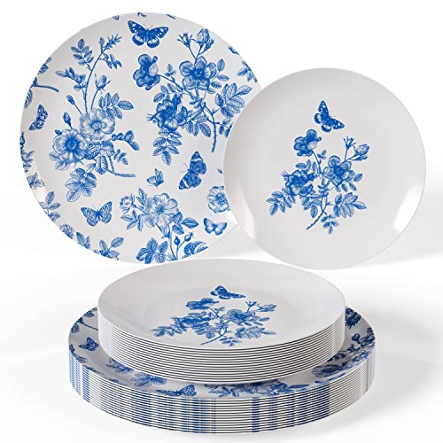 Trendables Disposable Plates For Party Supplies | Blue Floral Plastic Plates For Wedding 40 Pcs - 20 X 8 & 20 X 10 Dinner Plate Sets | Floral Plate