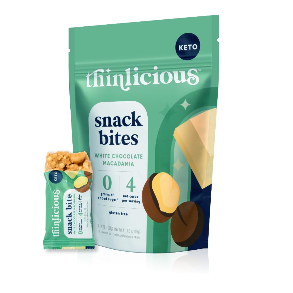 Thinlicious White Chocolate Macadamia Keto Snack Bites - Healthy Gluten Free Low Carb Snacks Perfect for On The Go with Delicious Cookie Taste (White