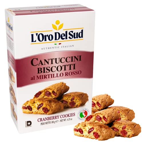 L'Oro Del Sud Cranberry Biscotti Cookies 6.3 oz (180g), Cantuccini d'Abruzzo Italian Cookies, Made with Real Cranberry, Non-GMO, Product of Italy