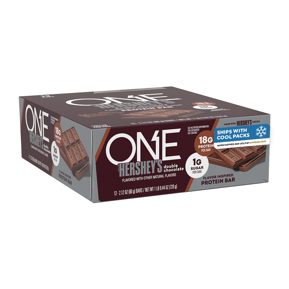 ONE Protein Bars, NEW Hershey's Double Chocolate, Gluten Free with 18g Protein and 3g Sugar, Pantry Staples 2.12 oz (12 Pack)