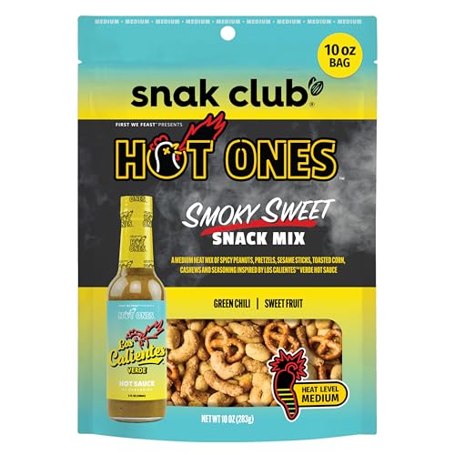 Snak Club x Hot Ones Snack Mix, Smoky Sweet, Spicy Snacks with Peanuts, Pretzels, Sesame Sticks, Toasted Corn, Cashews, Inspired by Hot Ones, Vegan