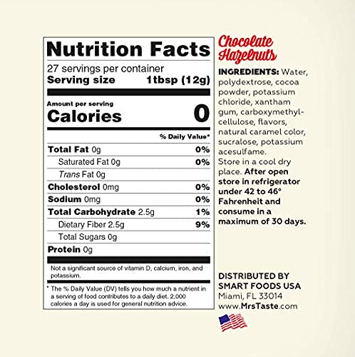 Mrs Taste Sugar Free Chocolate Hazelnut Syrup, Zero Calories, Zero Sodium, Zero Sugar, High Fiber, Keto Friendly, Paleo Friendly, Condiments