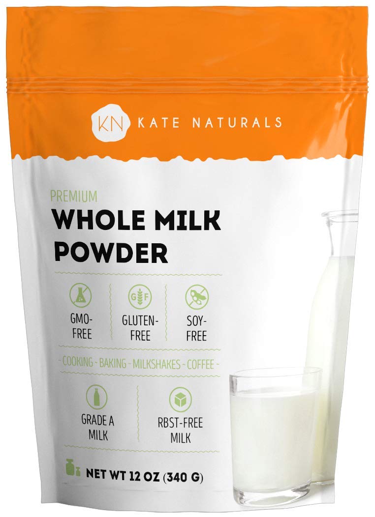 Kate Naturals Dry Whole Milk Powder for Baking, Coffee & Milkshakes (12oz) RBST-Free, Made in USA, Dried Powdered Substitute For Liquid Milk
