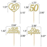 24Pcs 50th Wedding Anniversary Cupcake Toppers Gold Glitter 50th Golden Heart Cupcake Picks for Celebration 50 Golden Wedding Anniversary Party