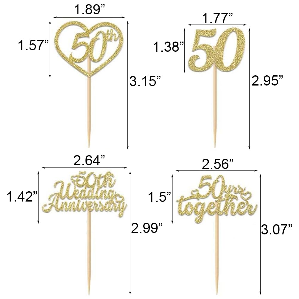 24Pcs 50th Wedding Anniversary Cupcake Toppers Gold Glitter 50th Golden Heart Cupcake Picks for Celebration 50 Golden Wedding Anniversary Party