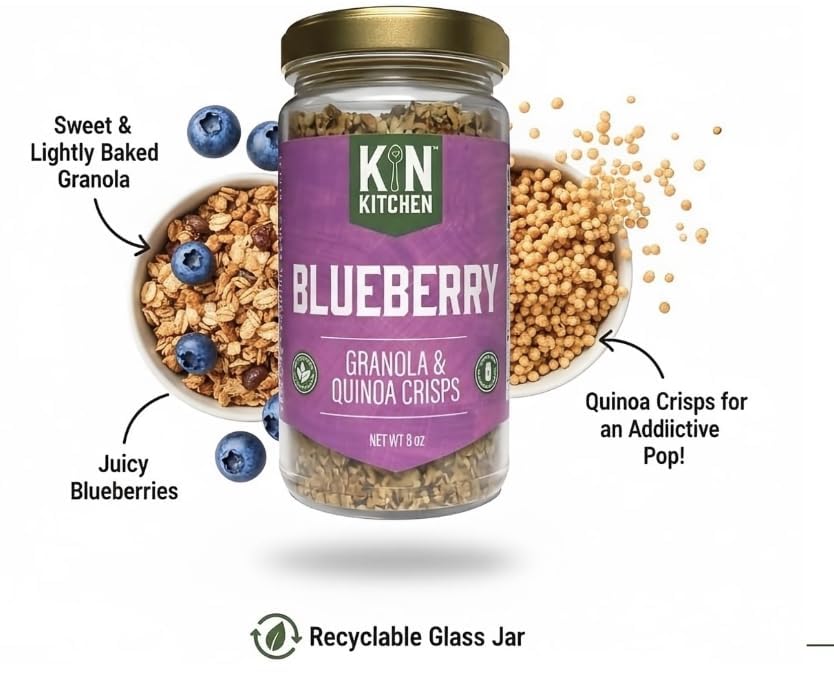 Kin Kitchen non-GMO Granola & Organic Quinoa Crisps, in a Glass Jar Recyclable and Resusable. Made with Real Fruit. No Artificial Colors, Flavors, or