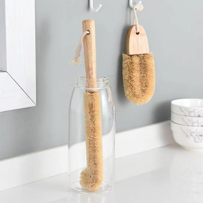 Hangable Coconut Fibre Bottle Cleaning Brush with Wooden Handle, Bottle Washing Brush, Pan Scrub, Sturdy, Bottle Vase Glassware Water Cleaning Brush