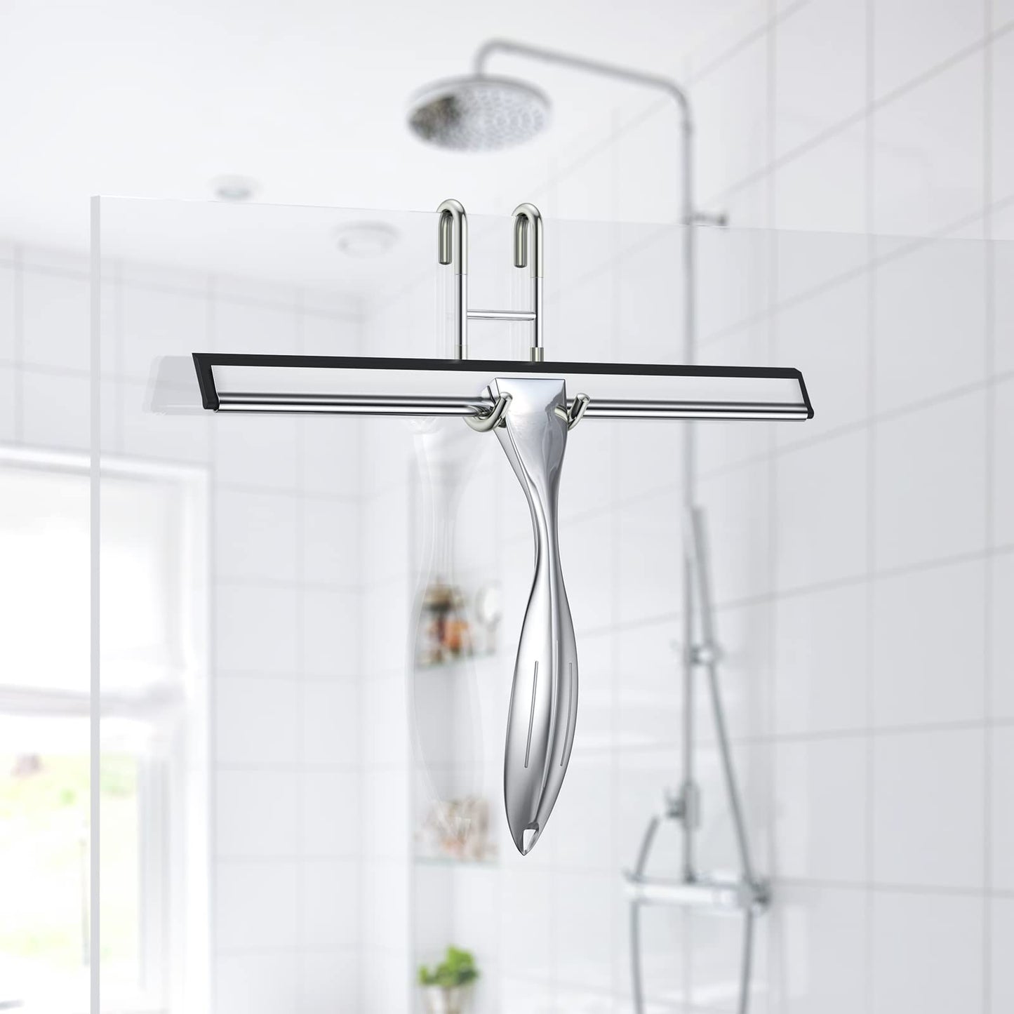 Shower Squeegee for Glass Door 12-Inch Stainless Steel Bathroom Squeegee Window Wiper, Includes Shower Door Hook, Adhesive Hook, and Spare Silicone