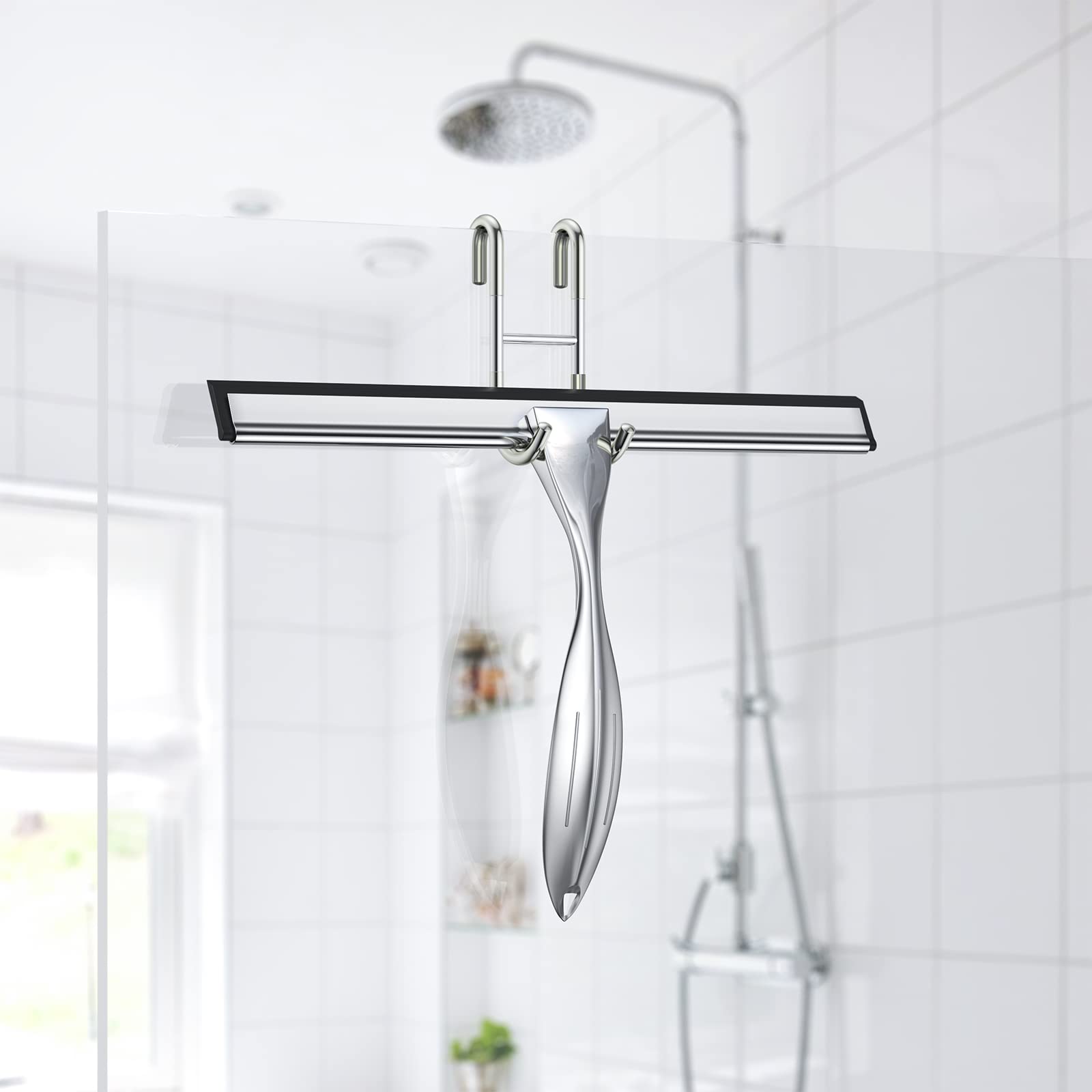 Shower Squeegee for Glass Door 12-Inch Stainless Steel Bathroom Squeegee Window Wiper, Includes Shower Door Hook, Adhesive Hook, and Spare Silicone