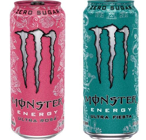 Monster Energy Drink Zero Ultra Variety - Paradise, Watermelon, Rosa, Fiesta 16 ounce (Pack of 16) and Stinger Pomegranate Passionfruit Chews