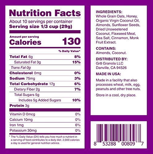 gr8nola THE ORIGINAL - Healthy, Low Sugar Granola Cereal - Made with Superfoods, Whole Almonds, Honey, Cinnamon and Flaxseed, Soy Free, Dairy Free