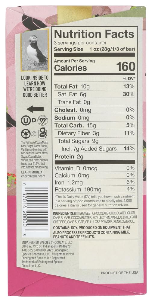 Endangered Species Puffin, Dark Chocolate with Cherries, 3 Ounce (Pack of 12) by Endangered Species
