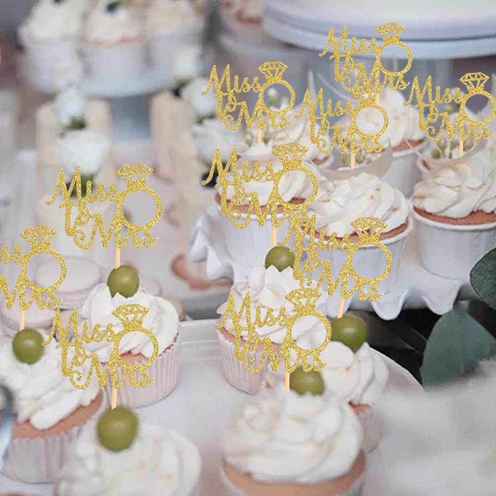 36PCS Glitter Gold Miss to Mrs Cupcake Toppers Ring Cupcake Picks for Proposal Party Bridal Shower Engagement Newly Married Happy Wedding Party
