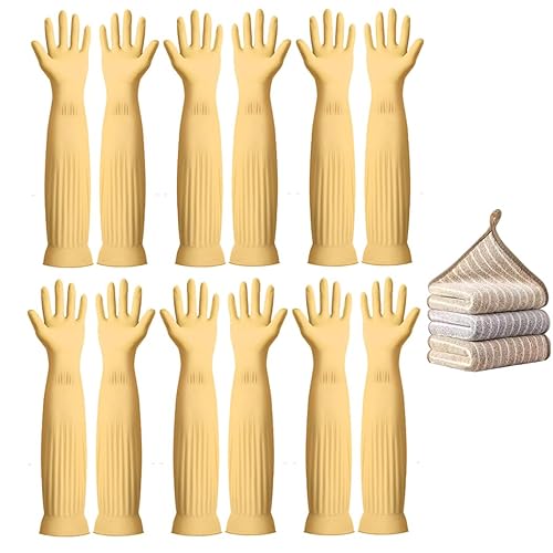 Vsootal 6 - Pair 17.8 - Inch Elbow - Length Reusable Rubber Waterproof Household Cleaning and Kitchen Dishwashing Gloves - Medium Size