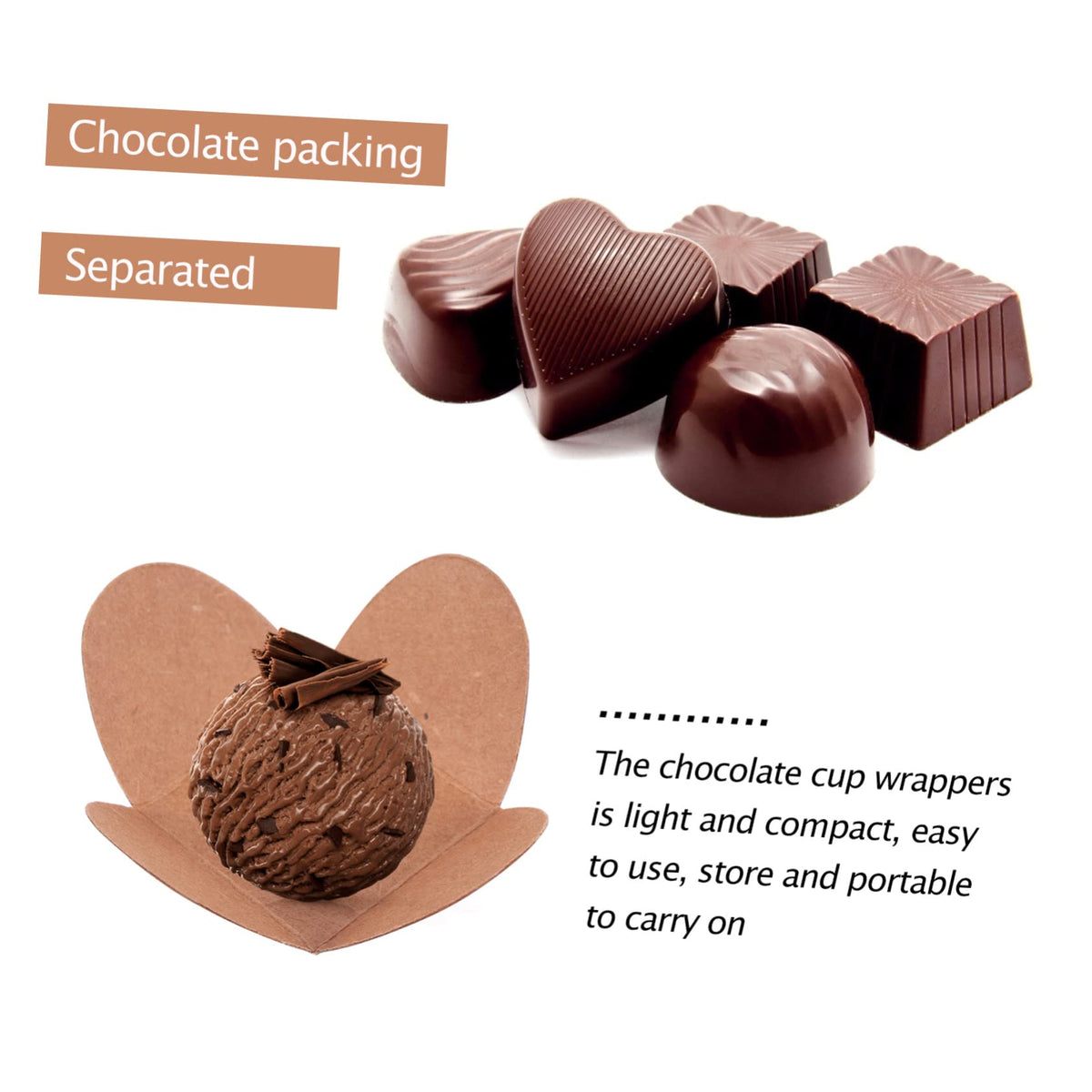 COLLBATH 100pcs Kraft Paper Chocolate Holder Trays Compartment Design for Elegant Candy Wrapping and Decorative Packaging for Events and