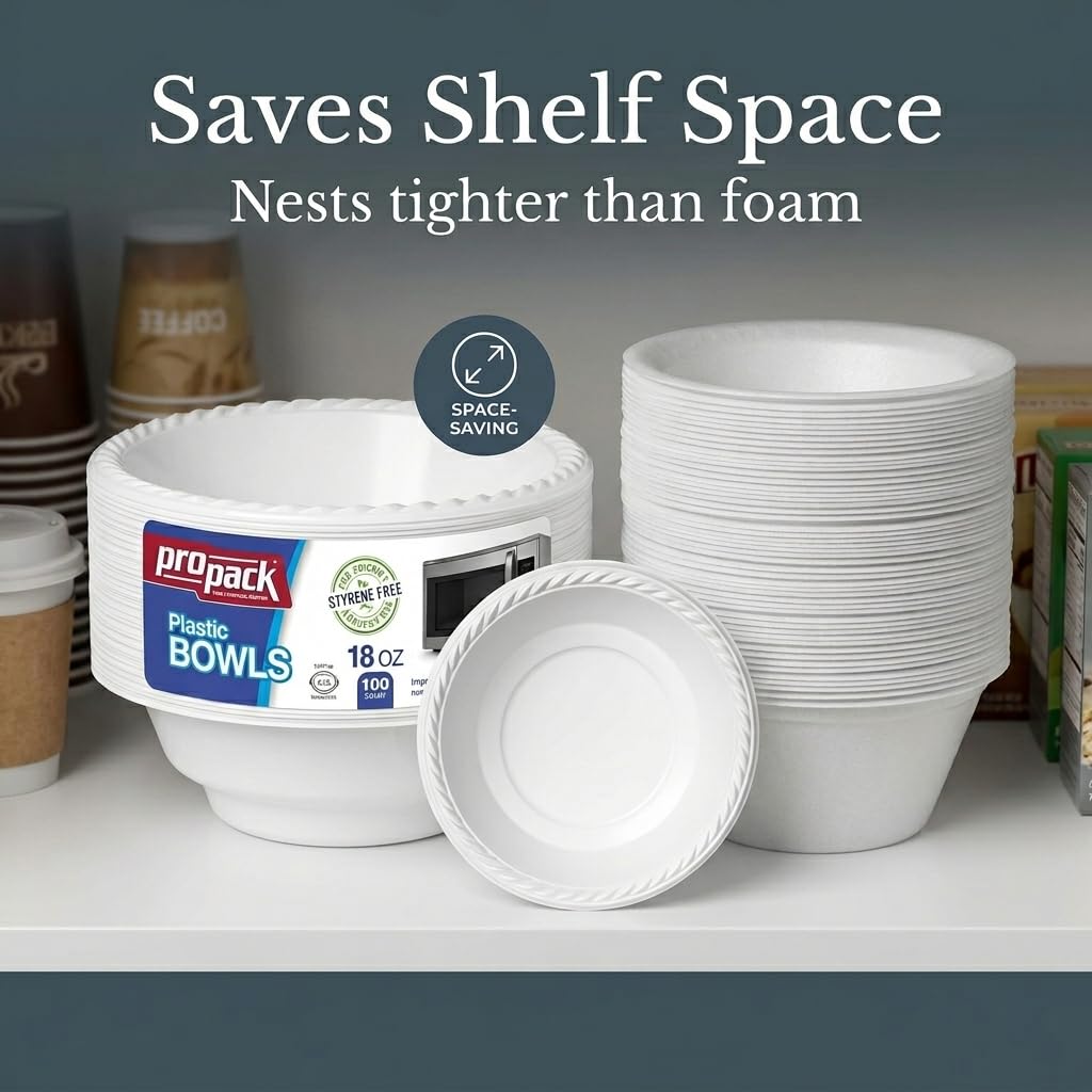 Propack [100 Count] Disposable Plastic White 18 oz Heavy Weight Bowls, Great For Weddings, Home, Office, School, Party, Picnics, Take-out, Fast Food