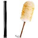 Lambswool Duster with Solid Wooden Handle,Leather Hang Strap,18.9 inch Long,Natural Feather Duster for Cleaning Ceiling Fans,Window Blinds,Computer