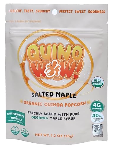 QuinoWow! Organic Quinoa Popcorn - Low Sugar, High Fiber, Air Popped, Vegan & Gluten Free - Made with Pure Organic Maple Syrup (Salted Maple, Pack