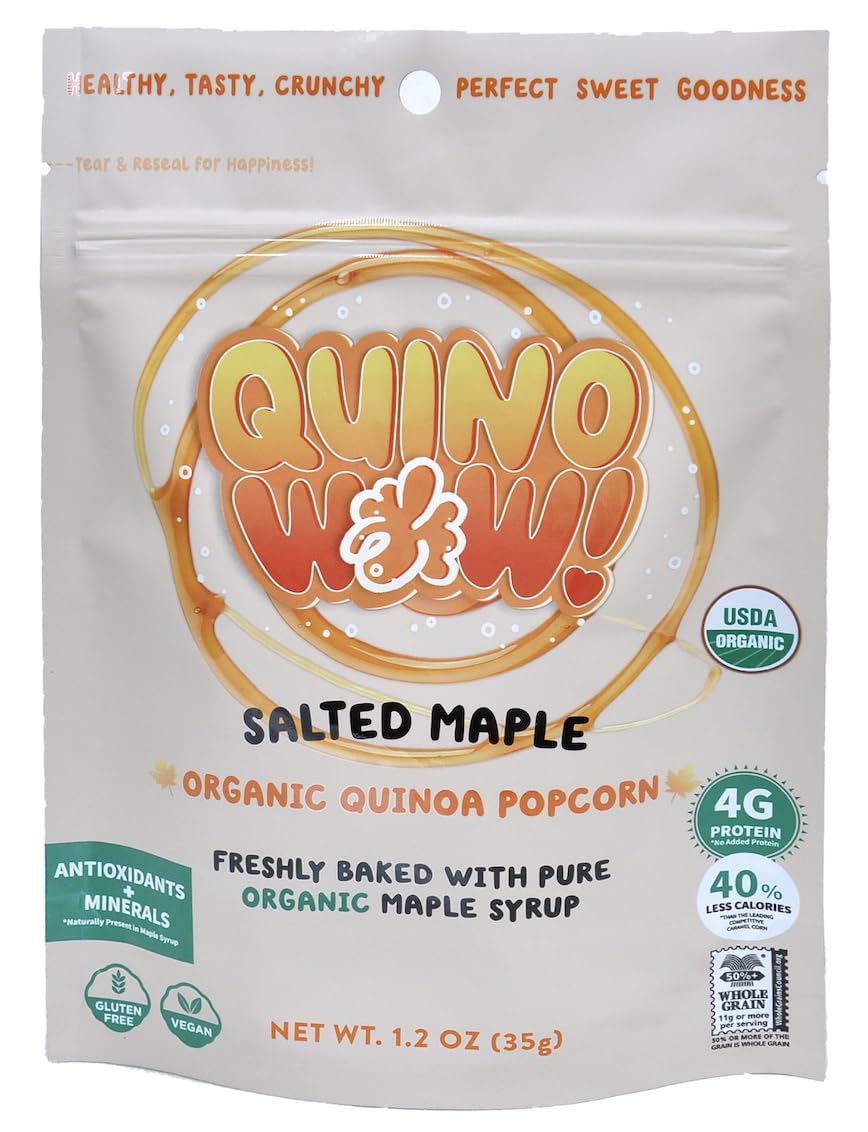 QuinoWow! Organic Quinoa Popcorn - Low Sugar, High Fiber, Air Popped, Vegan & Gluten Free - Made with Pure Organic Maple Syrup (Salted Maple, Pack