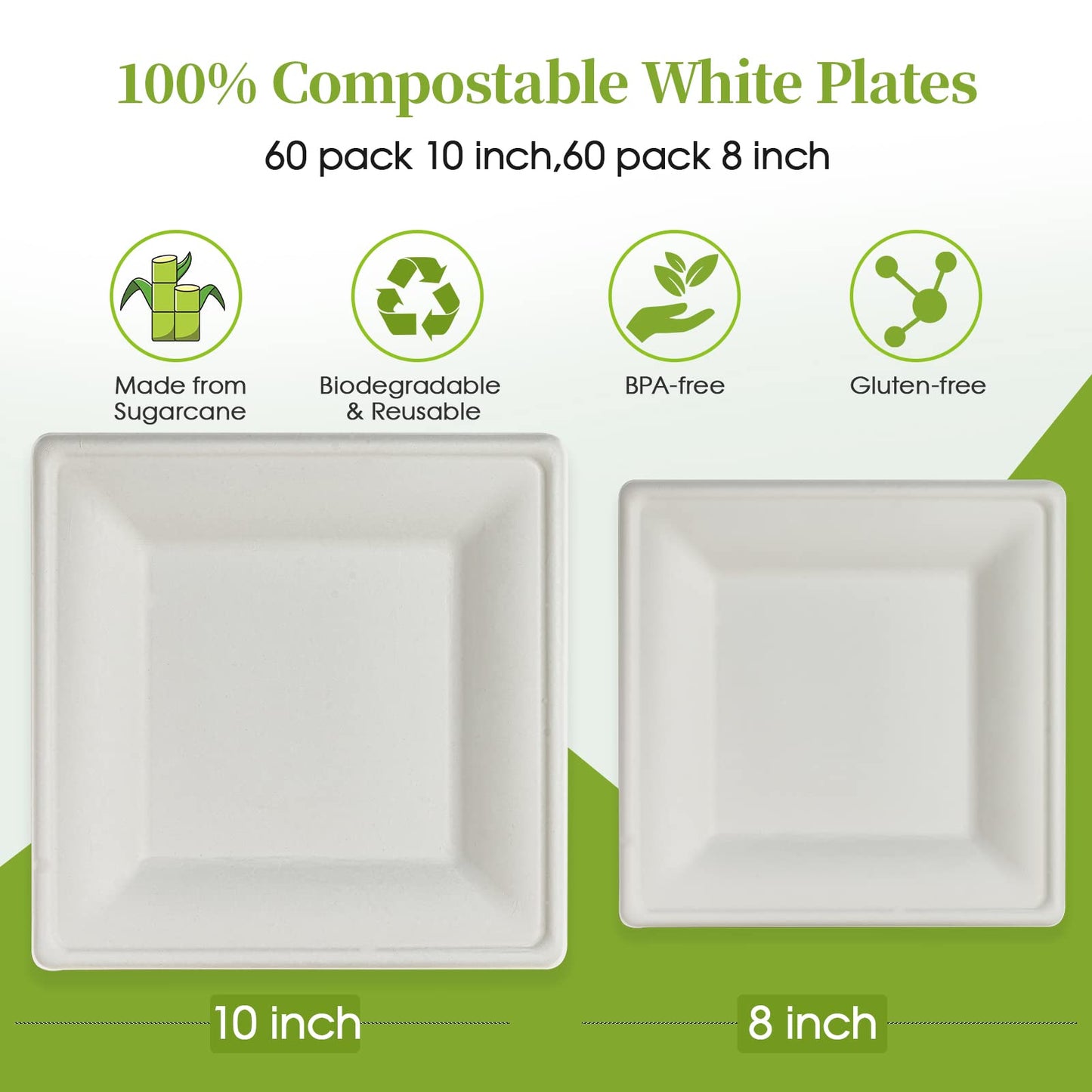 ECOLipak 120 Pack Compostable Paper Plates, 10 inch and 8 inch Heavy Duty Eco friendly Sugarcane Biodegradable Disposable Square Plates for Party