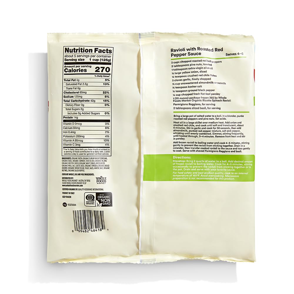 365 by Whole Foods Market, Organic Ricotta Spinach Ravioli, 22 Ounce, (Frozen)