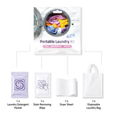 Portable Laundry Kit - Travel Clothes Cleaning Essentials with Liquid Detergent, Stain Remover Wipe, Dryer Sheet & Laundry Bag - Bulk Supply