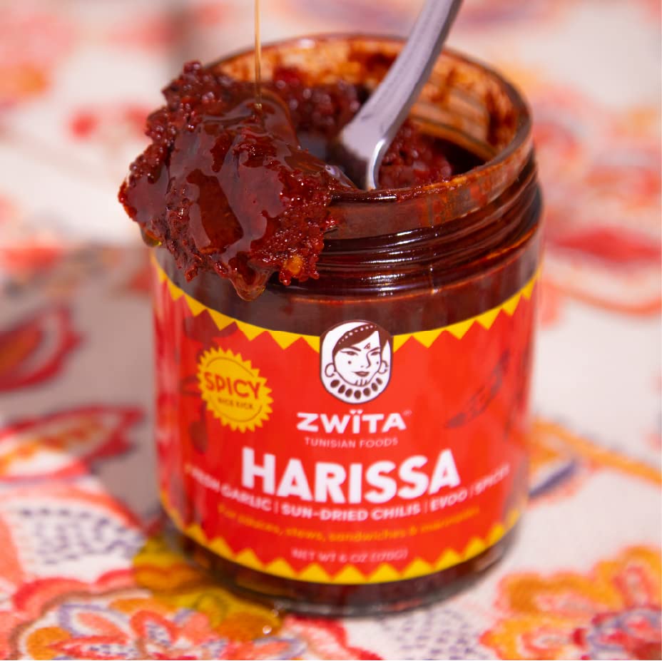 Zwita Spicy Harissa Paste - Award-Winning Authentic Tunisian Thick Sun-Dried Chili Paste With Fresh Garlic & Extra Virgin Olive Oil - Warm, Lingering