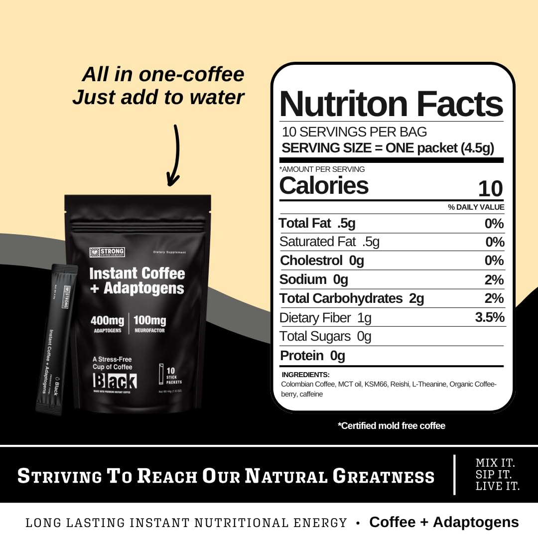 Strong Coffee Co. Instant Black Coffee | Premium Organic Coffee with Nootropics & Adaptogens, NeuroFactor®, L-Theanine, Ashwagandha, Reishi & MCT Oil