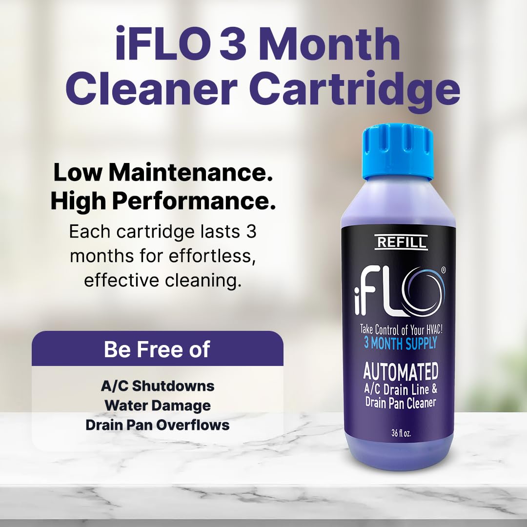 iFLO® Smart A/C Drain Line Cleaner and Drain Pan Cleaner Cartridge, Fast-Acting, Long-Lasting HVAC System Solution for Tough Clogs & Buildup, 3-Month