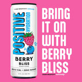 Positive Hydration Berry Bliss | 12-oz Cans (12-Pack) | Zero-Calorie Electrolyte Drink with Essential Vitamins, Calcium, and Hydration Support