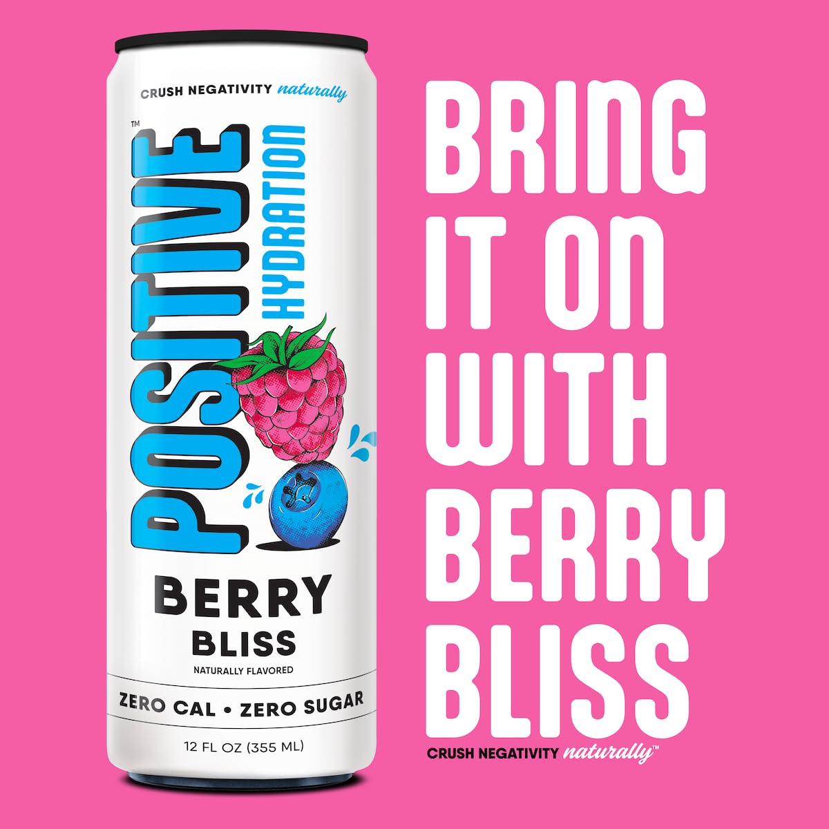 Positive Hydration Berry Bliss | 12-oz Cans (12-Pack) | Zero-Calorie Electrolyte Drink with Essential Vitamins, Calcium, and Hydration Support