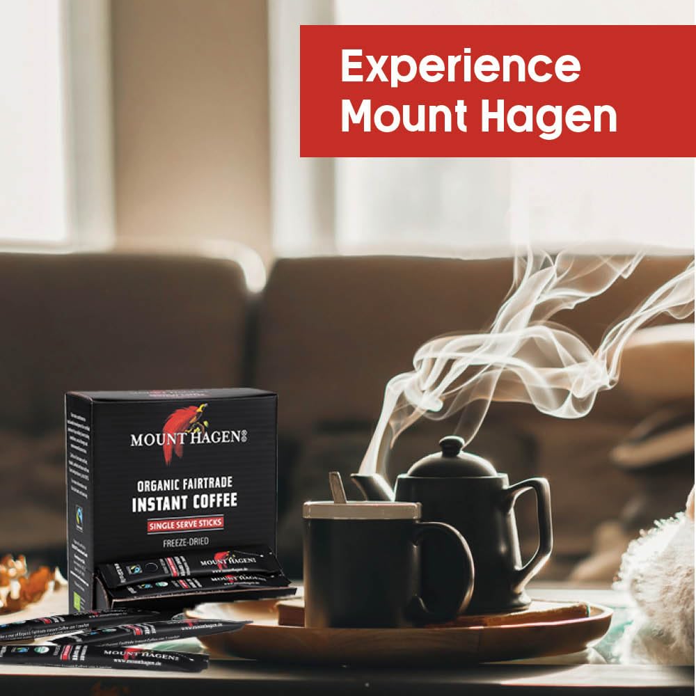 Mount Hagen Dispenser Box - 50 Count Organic Instant Coffee Packets Single Serve, Medium Roast Eco-friendly, Fair-Trade, Freeze-dried Arabica Beans
