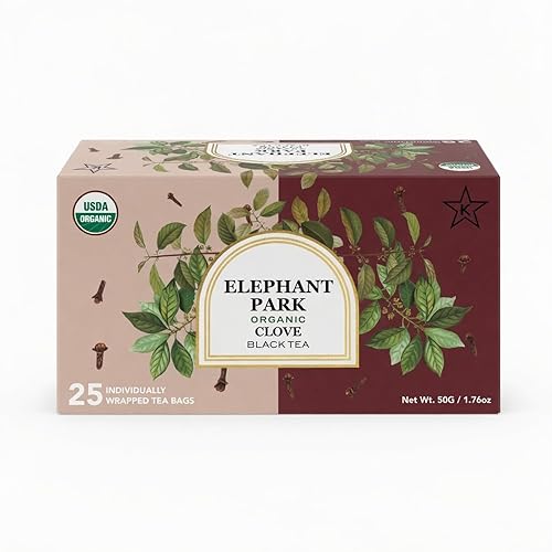 Elephant Park Premium Organic Single Origin Clove Black Ceylon Tea Bags 25 Count Individually Wrapped Herbal, All Natural Full Bodied Aromatic Flavor