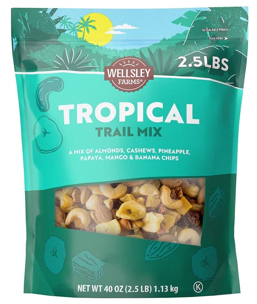 Wellsley Farms Tropical Trail Mix, 40 oz Resealable Bag - Dried Pineapple, Mango, Papaya, Banana Chips, Cashews, Almonds & Peanuts, No Artificial