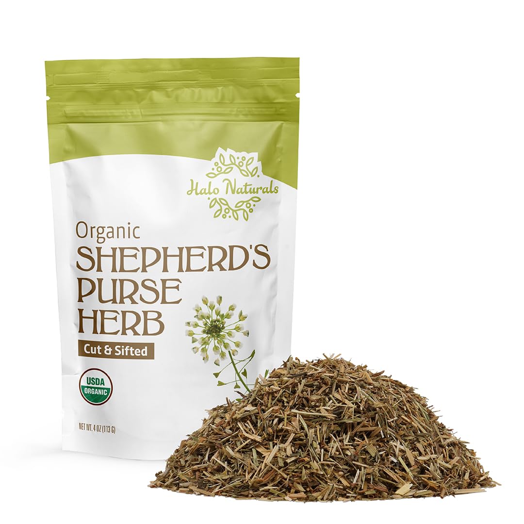 Halo Naturals Organic Shepherd's Purse Herb Cut & Sifted, 4 Ounces (Capsella bursa pastoris) USDA Certified | Resealable Pouch| Packaged in The USA