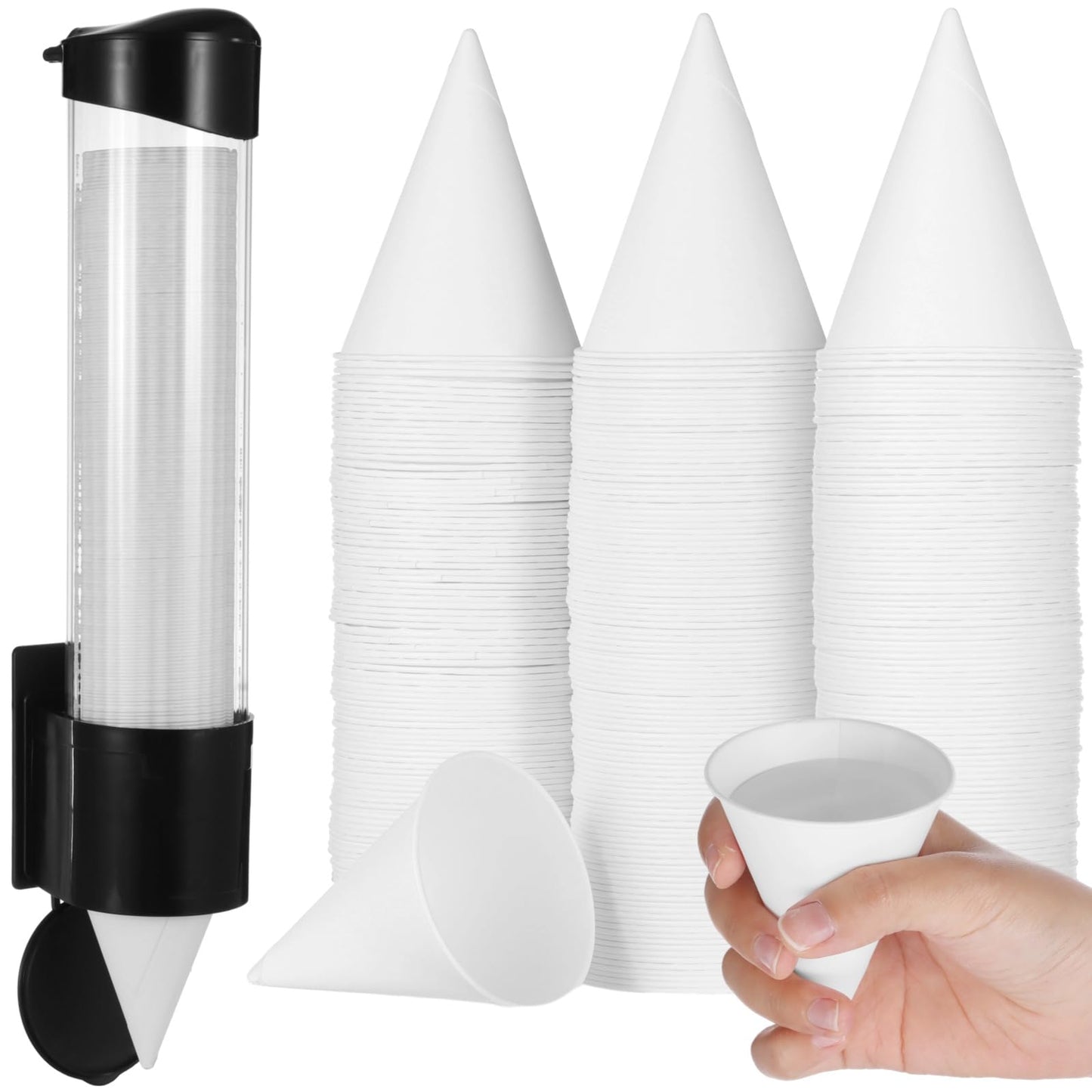 600PCS Snow Cone Cups with 1 Thicken Disposable Cup Dispenser, 4 oz Paper Cone Cups, Pull-Type Wall Mount Cup Holder for Water Coolers,Ice