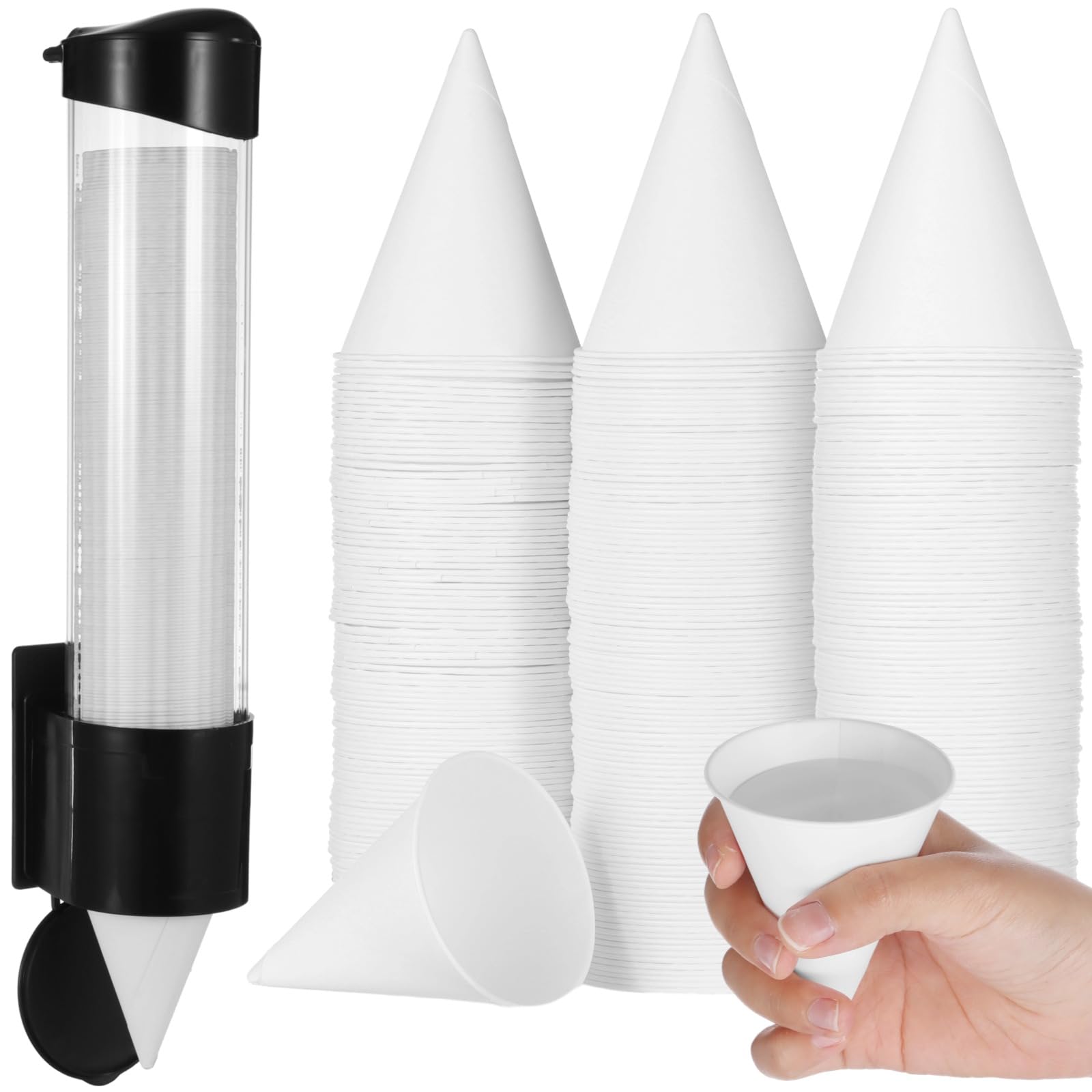 600PCS Snow Cone Cups with 1 Thicken Disposable Cup Dispenser, 4 oz Paper Cone Cups, Pull-Type Wall Mount Cup Holder for Water Coolers,Ice